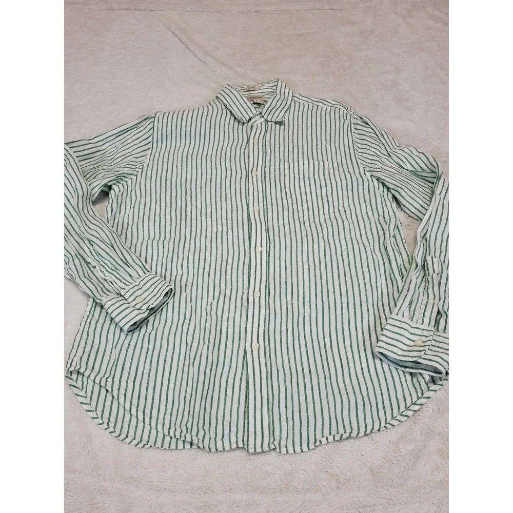 J. Crew Green White Striped Irish Linen Button Dress Shirt Large Casual Classic